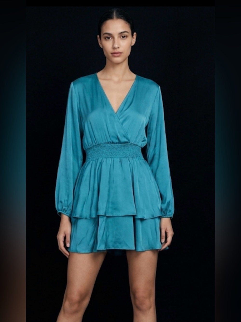 Zara Teal V-Neck Tiered Satin Dress